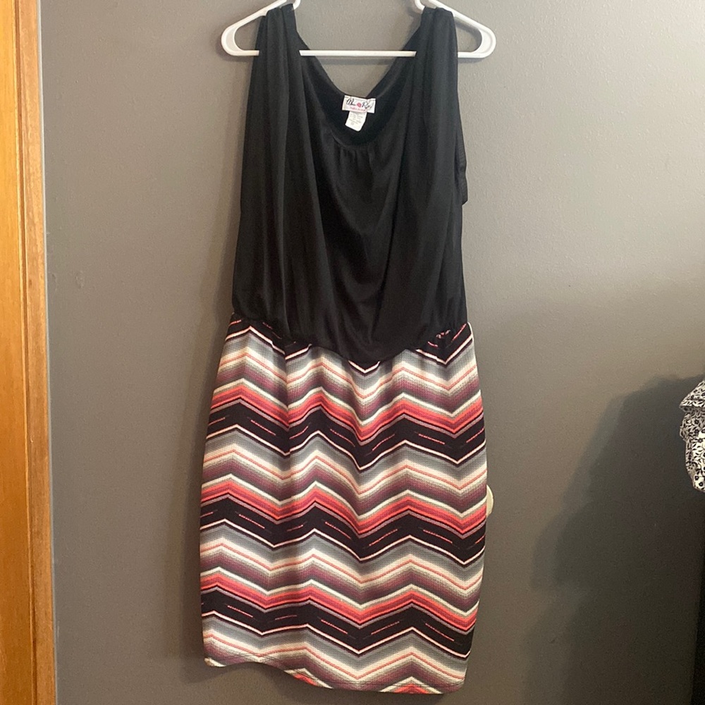 Dress, black top, black white gray and hot pink patterned skirt